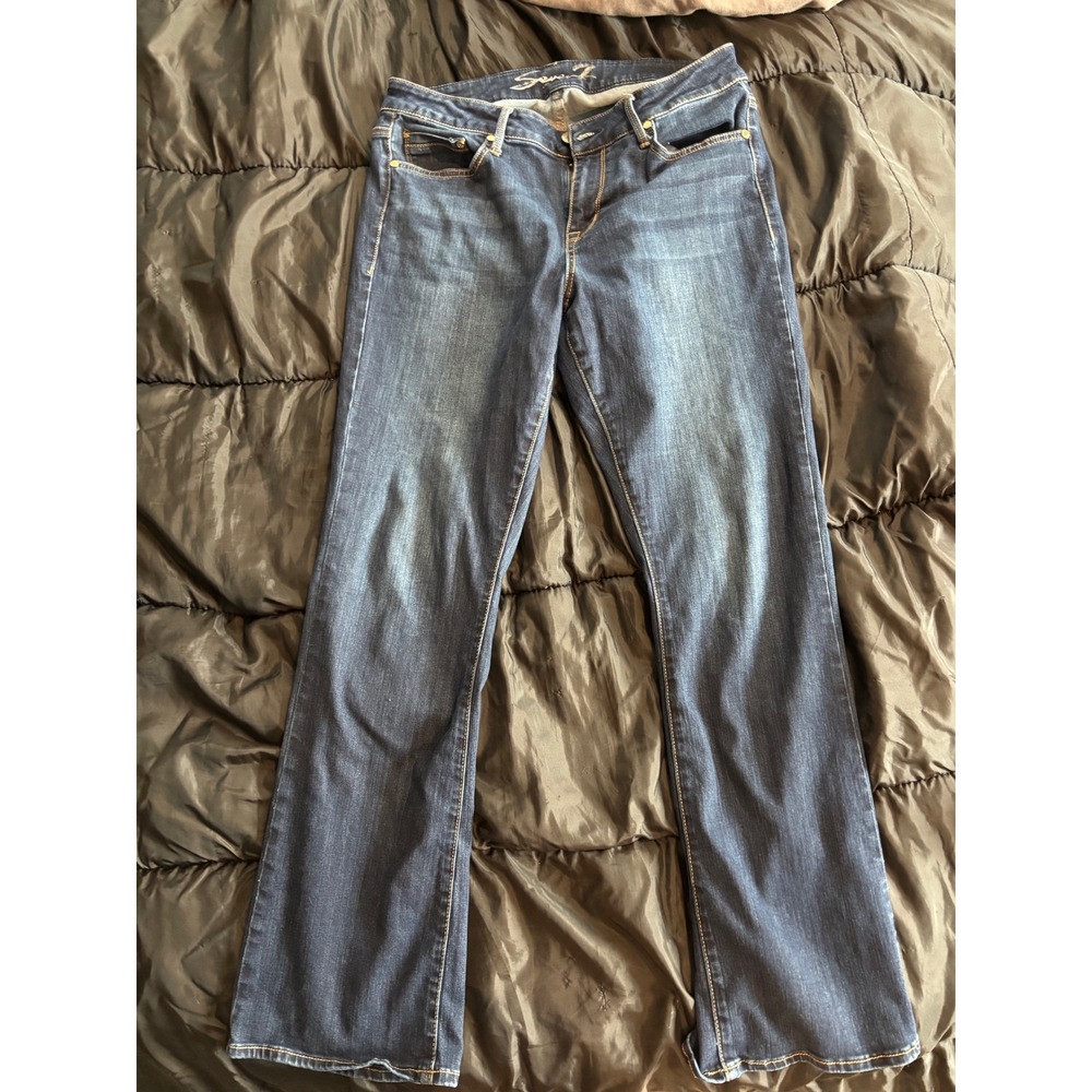 Seven7 Womens Mid Rise Micro Boot Jeans Dark Wash Embroidered Pockets 14W